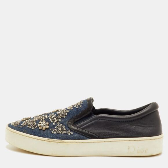 Dior Shoes - Dior Happy Size 38 Black/navy Blue Leather And Denim Crystal Embellished Slip